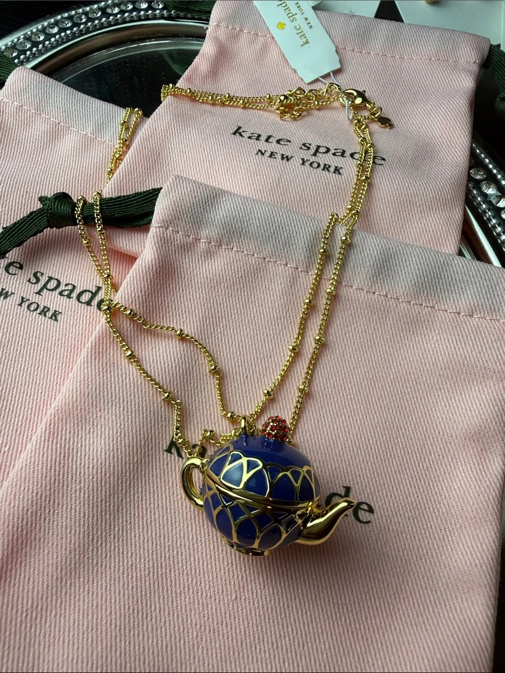 kate spade Gold-Tone Necklace with Blue Enamel Teapot and Red Accent